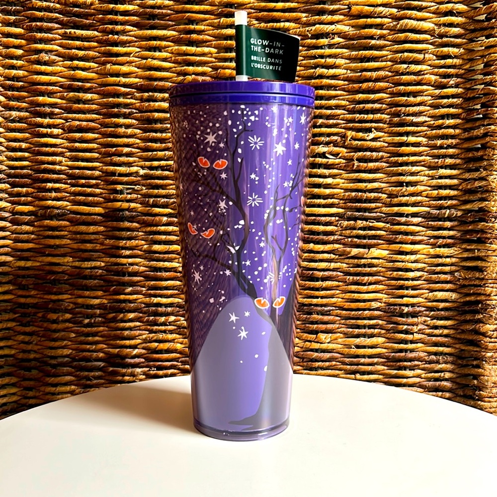 New Starbucks Cold Cup 24 oz Halloween Plastic Spooky Tree Eyes Glow In The Dark